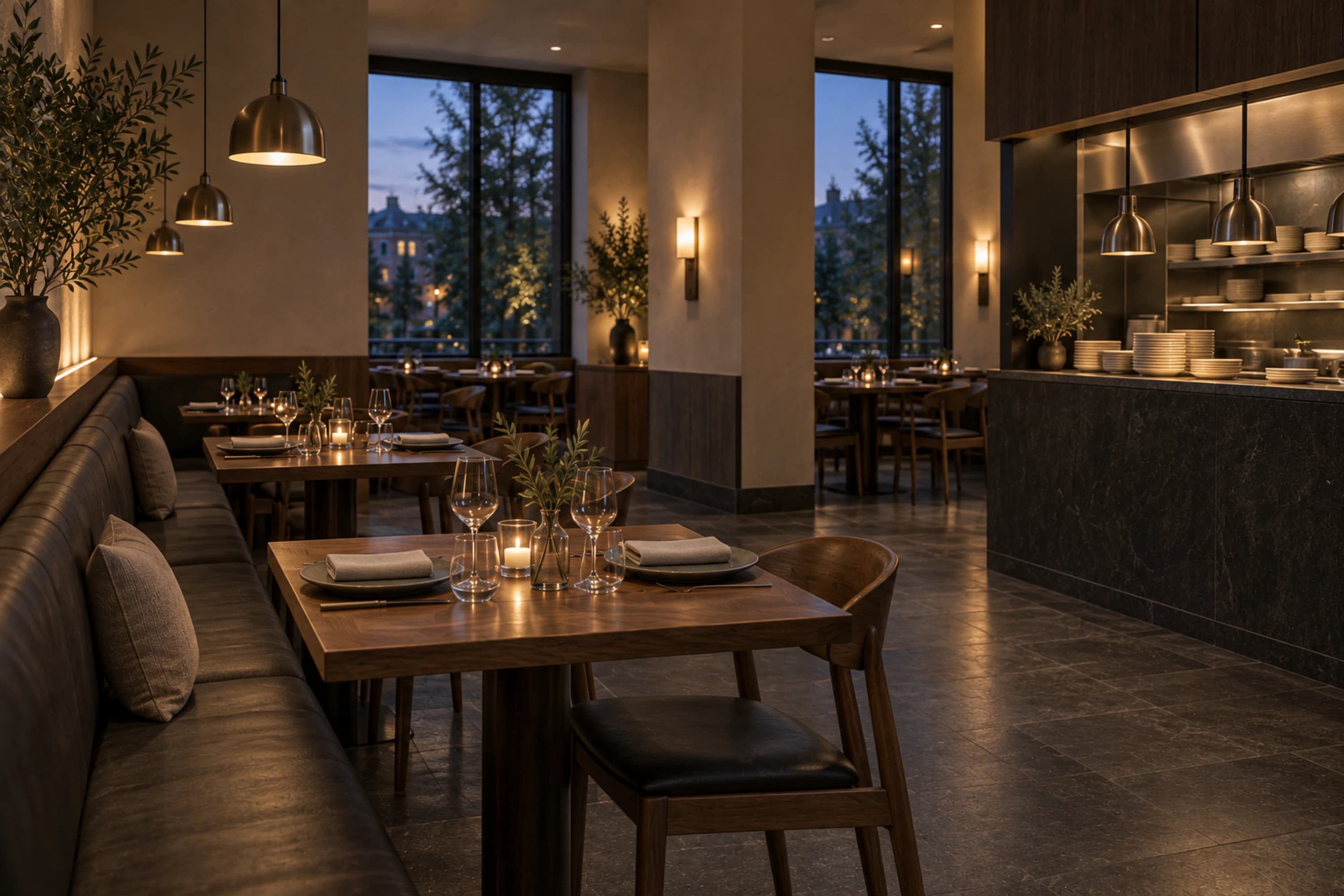 A warmly lit restaurant dining room beside an open service pass
