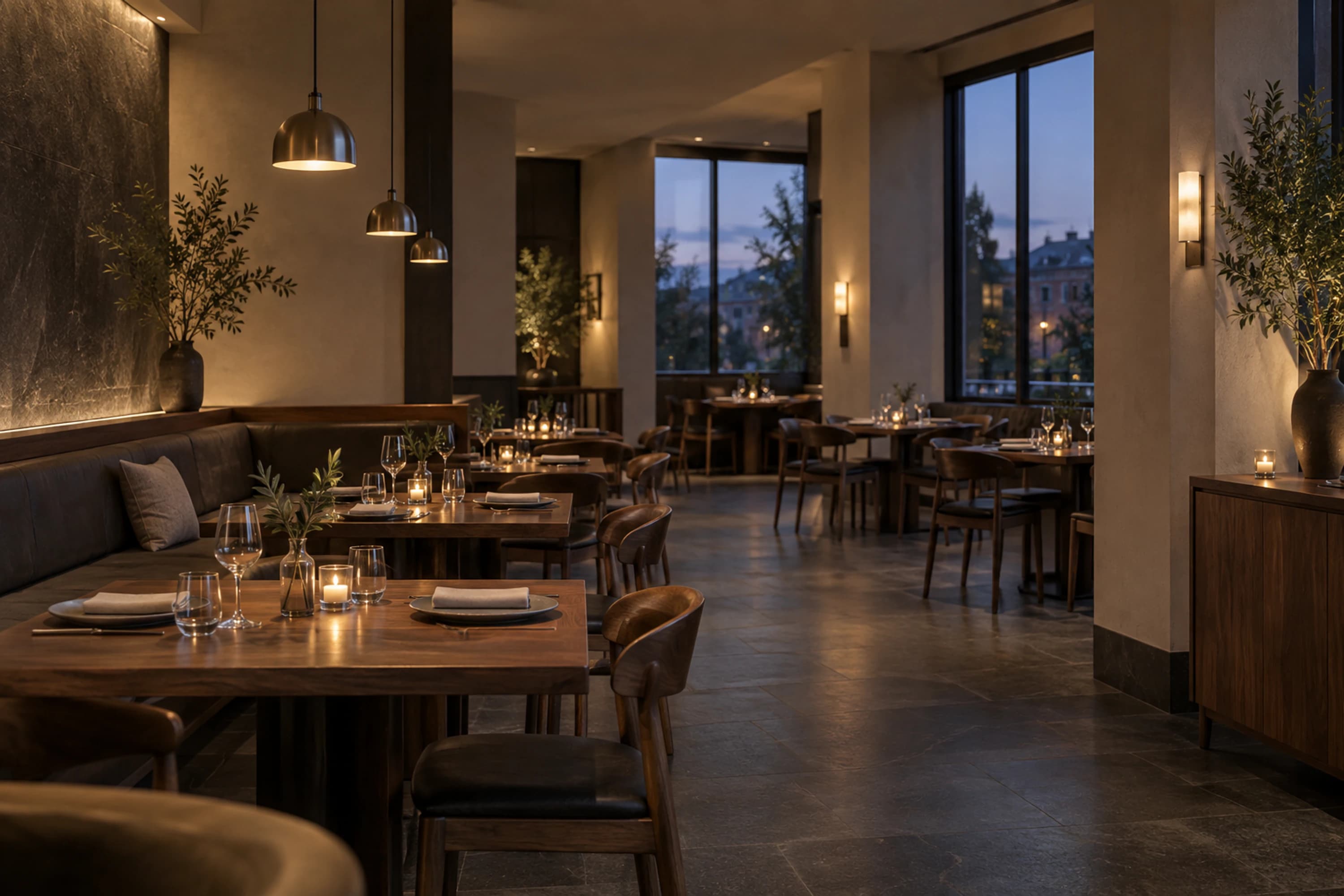 A quiet modern restaurant dining room prepared for service