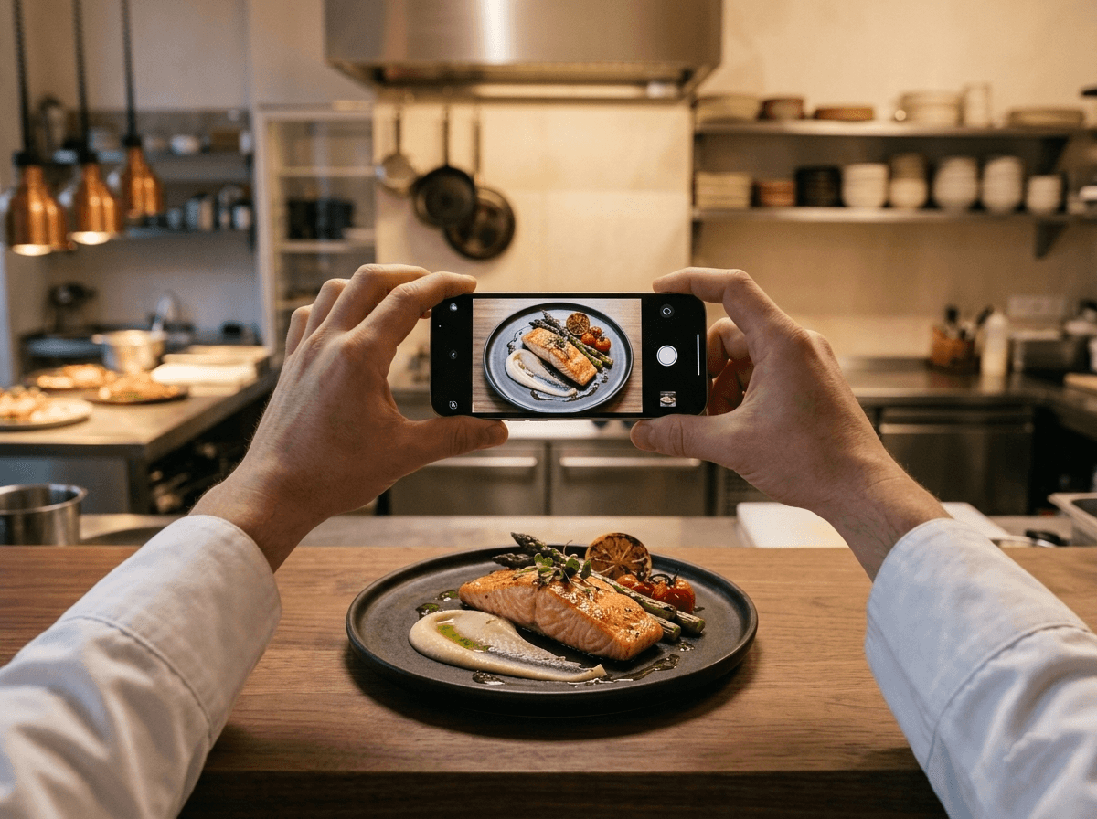 A chef photographing a plated salmon dish in a restaurant kitchen