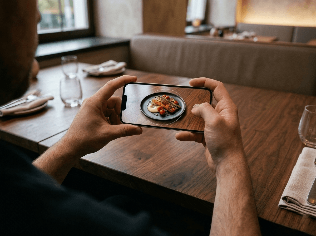 A guest previewing a salmon dish on a restaurant table with a phone